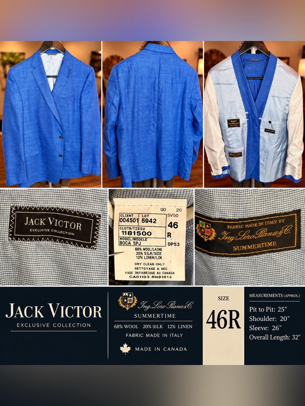 Jack Victor Exclusive Collection Loro Piana Blue Wool-Silk-Linen Sport Coat 46R